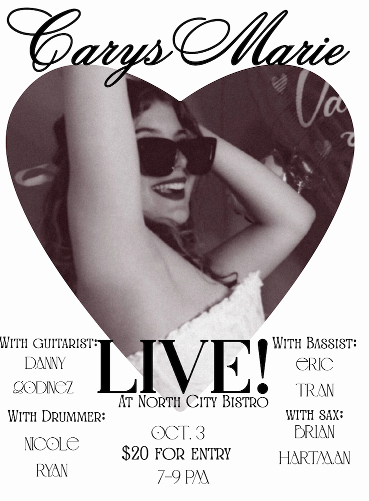 SATURDAY - OCTOBER 3rd- Carys Marie Live w/ Danny Godinez, Nicole Ryan, Eric Tran and Brian Hartman