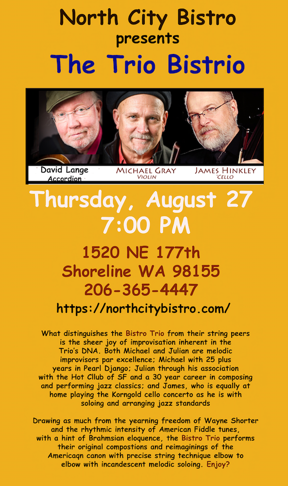 THURSDAY - August 27th - The Trio Bistro With Special guest David Lange